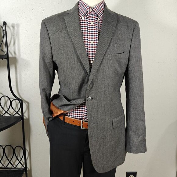 JOS A BANK Mens Sport Coat Blazer Two Button Gray Striped Wool Cashmere Slim 43L